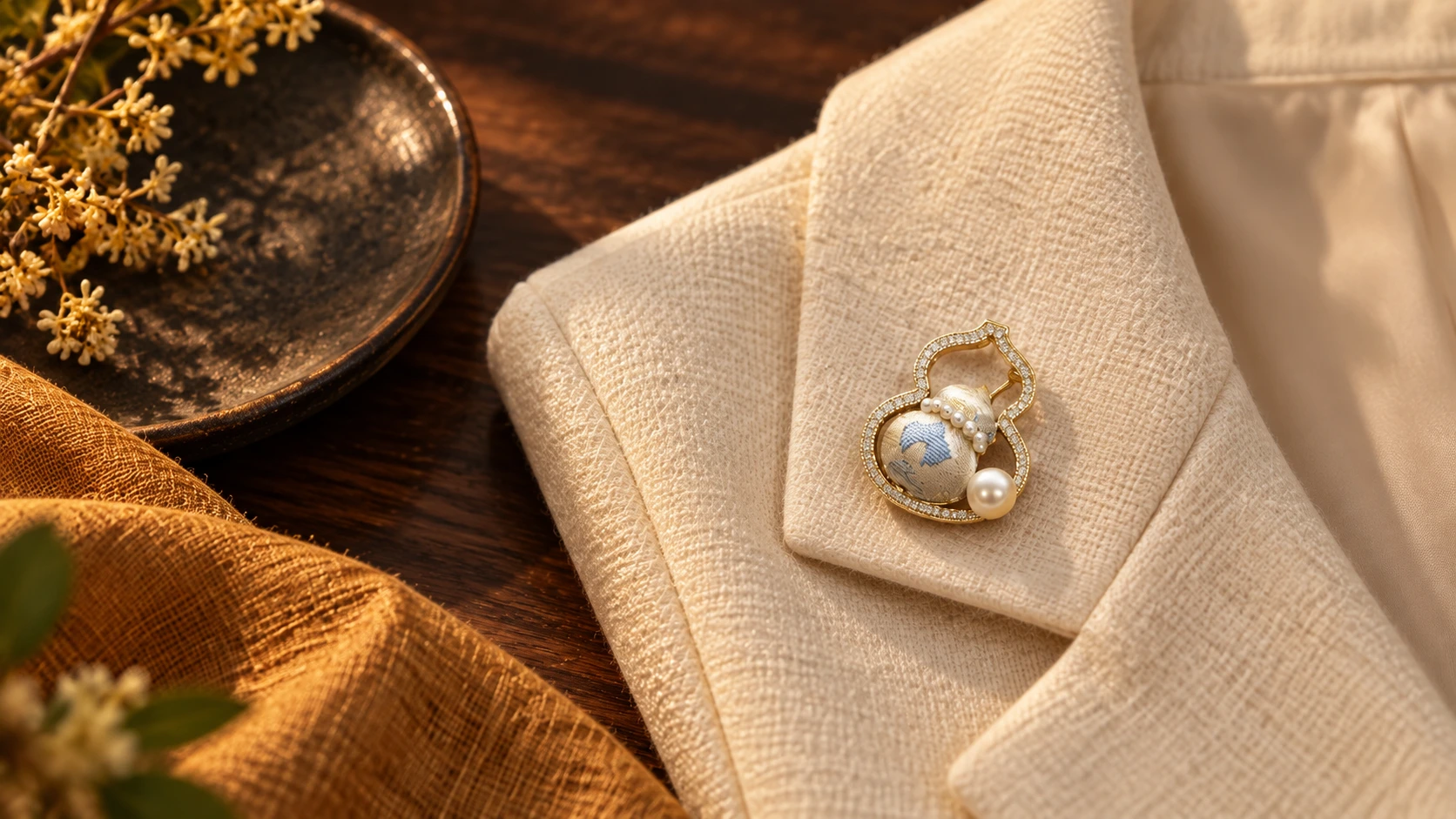 Brocade brooch on a folded jacket