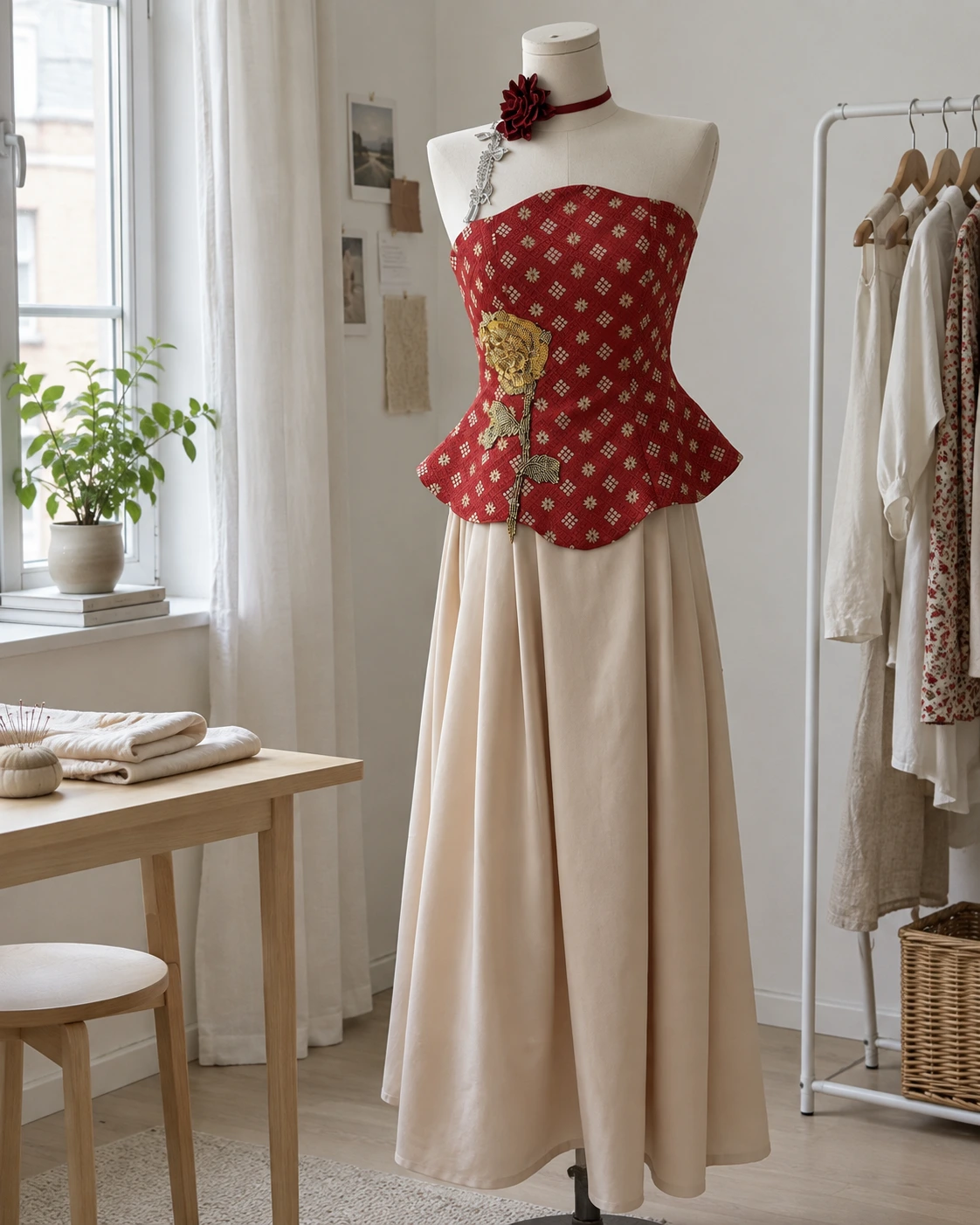 Crimson Brocade Top in context